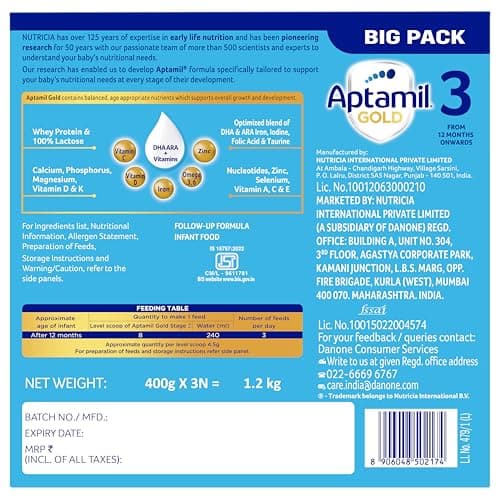Aptamil Gold Infant Formula Milk Powder for Babies - Stage 3 (6-12 Months) - with Prebiotics and DHA - 1.2 kgs - Large Pack 3