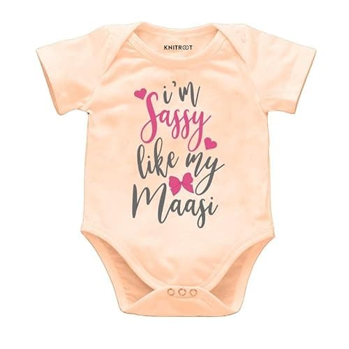 KNITROOT Maasi Family Special Onesies, Unisex Baby Kids Cotton Lycra Envelope Neck Half Sleeve Peach Romper, Bodysuit, Sleepsuit, Sassy Like My Maasi, 3-6 Months, Infant Cloths for Boys & Girls