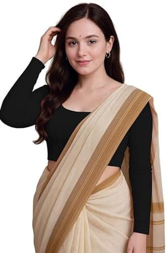 XOLANI Readymade Cotton Fitted Saree Blouse for Women Full Sleeve Square Round U Neck Regular fit Stretchable Pullon Western Stylish Crop Top VX17 1059 L BLK Black