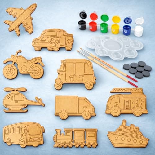 PICRAZEE DIY Wooden Vehicle Painting Kit for Kids | 10 Pine MDF Vehicle Cutouts (5.5 mm Thick) with Acrylic Colors, Brushes, Palette & Magnets | Art & Craft Creative Activity Toy