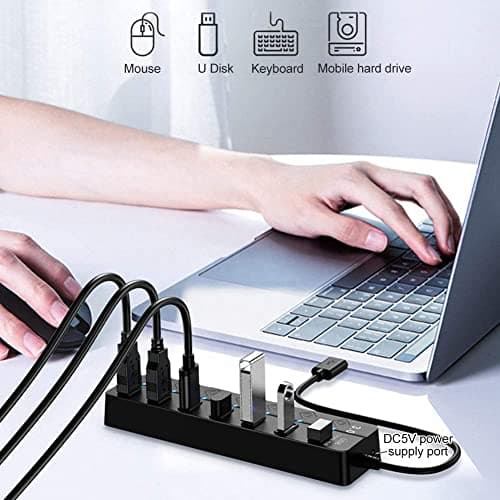 VIBOTON USB Hub with Type c OTG Dongle, USB Hub 7 Ports, 1 x 3.0 Port Cable Side, and 6 x 2.0 Ports, Hub for Laptop, 7-Port Hub with Individual Switches and Lights, High Speed Hub (Black) Cable - 30CM 3