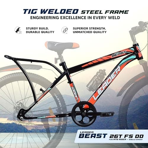 Leader Beast 26T IBC Premium 7 Speed Cycle for Men with inbuilt Carrier | City/Mountain Bike with Front Suspension & Dual Disc Brakes | Gear Bicycle for Men | Ideal for 10+ Years – Matt Black 3