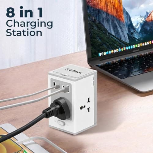 Embox 8-in-1 Gan Charger 30W Fast Charger | Type C USB 4 AC Sockets (2500W) Wireless Fast Charging | Multi-Port Desktop Charger for Laptop, iPhone, Android, Portable Charging Station, 5meter 2