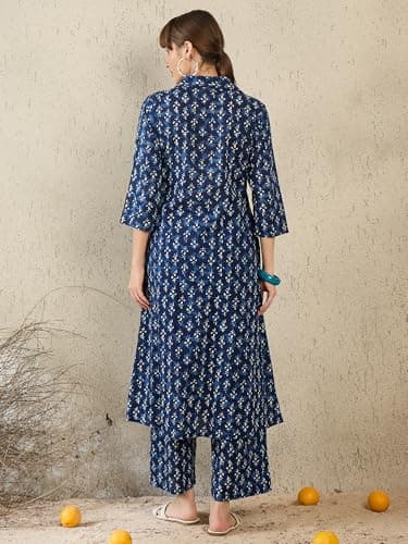 INDO ERA Women Blue Pure Cotton Co-Ord Set | Kurta Pant Set for Casual Wear,IESTR12020M | Co Ord Set For Women Stylish | 4