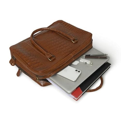 MaheTri Easton Premium Buffalo Leather Laptop Office Briefcase | Genuine Leather, Padded Laptop Compartment & Multi-Pocket Organisation | Adjustable Shoulder Strap & Brass-Tone Hardware 2