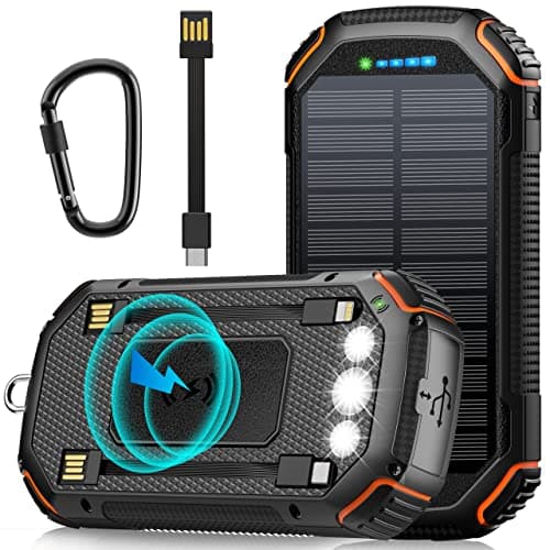Solar Power Bank 36000 mAh Solar Charger with 3 Cables USB C Input 15 W Quick Charge Wireless Power Bank Portable Outdoor External Mobile Phone Batteries with Solar Cell & Torch for iPhone Samsung