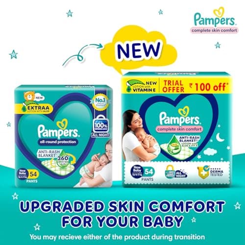 Pampers Complete Skin Comfort Pants,(NB/XS), 54 Count, Anti-rash blanket, Lotion with Vitamin E & Aloe Vera, New Born/X-Small, Upto 5kg 2