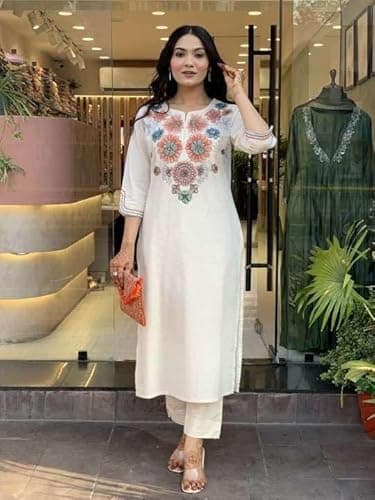 Women's Pure Cotton Embroidery Co-Ord Set | White Floral Coo-rd Set for Women | Cotton Kurti Pants Set Size -XL 3