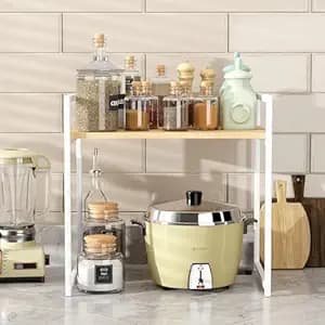 Lukzer 1-Tier Multipurpose Storage Rack - Heavy Duty Metal & Wooden Kitchen Organizer | Space Saving Microwave Oven Stand for Modular Kitchen, Living Room, Bedroom & Office (MKR-001/White & Oak Light)