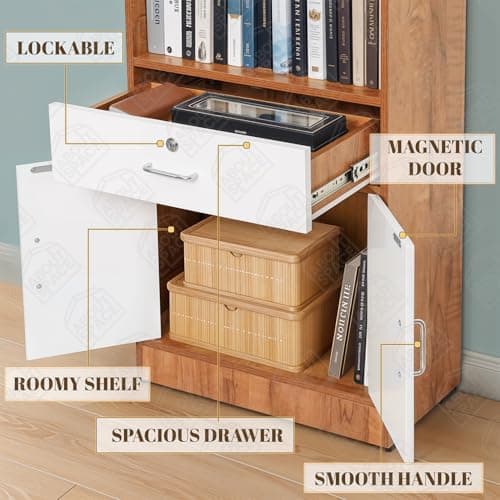ABOUT SPACE 6 ft Book Shelf - Wooden Book Rack with 3 Open Shelves 1 Lockable Drawer & 1 Closed Cabinet with Magnetic Door Easy to Assemble Display Cabinet for Home (Teak, White-L 57 x B 30 x H 179cm) 3