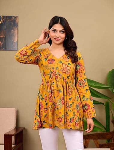 LABEL ADRIJA V Neck Anarkali Cotton Short Kurti for Women Full Sleeve Floral Print | Short Kurtis for Women on Jeans Yellow 4