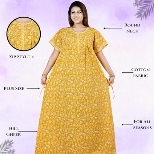 Bejod's Collection Yellow Nighty for Women Front Zip Open | Pure Cotton Maxi Nighty Printed Floral | Full Length Nightgown | Plus Size Loose Fit Summer Nightwear L -4XL (Yellow, 3XL) 5