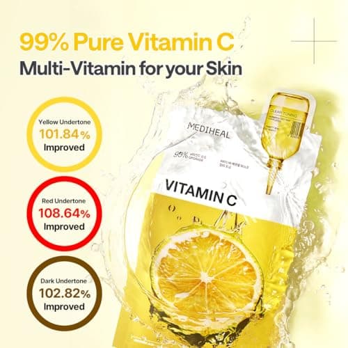 MEDIHEAL Vitamin C Essential Mask (1 Sheet) Brightening Korean Sheet Mask with 99% Pure Vitamin C & 10 Vita Actives for Dark Spots, Uneven Skin Tone, Glow Boost, Hydrating Radiance Boosting K-Beauty F 5