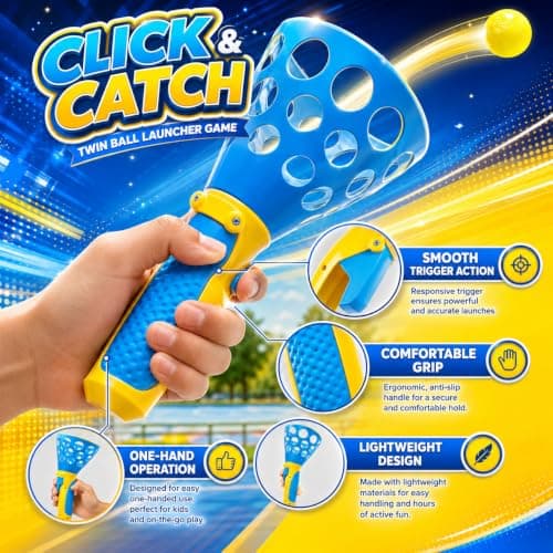 Toyndia Click and Catch Twin Ball Launcher Game with 3 Balls | Pop & Catch Ball Toy Set | Indoor Outdoor Sports Game for Kids | Active Play Toy for Boys & Girls 3+ Years | Multicolor (Pack of 1) 4