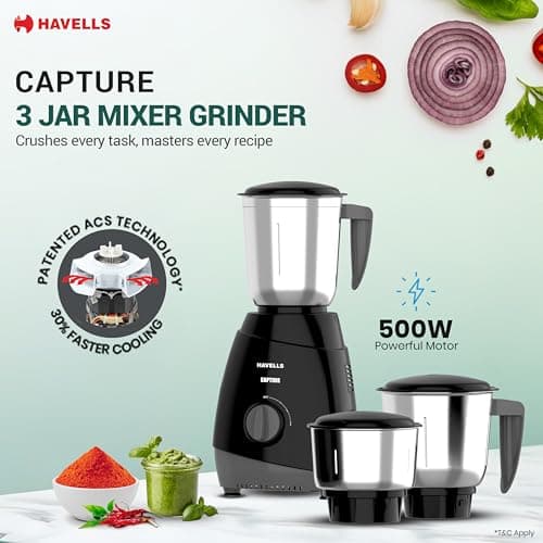 Havells Capture 500W Mixer Grinder 3 Stainless Steel Jars | 21000 RPM High-Speed Motor | Rust-Resistant 304 SS Blades | 1.5L Large Blending Jar | Overheat Protection | 1-Year Warranty (Black) 2