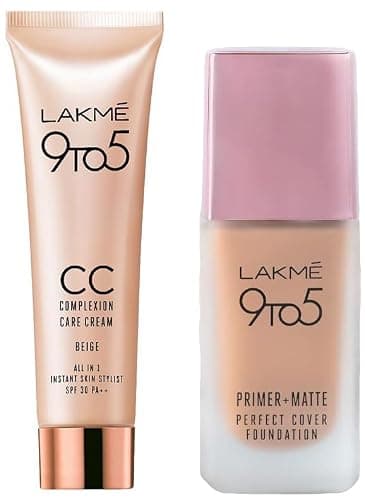 LAKMÉ 9 To 5 Primer + Matte Perfect Cover Liquid Full Coverage Foundation For Oily Skin & 9 To 5 Cc Cream Mini Combo, Pack Of 1