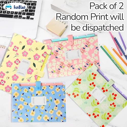 FunBlast File Folder with Button Lock – Floral Print A4 Size Certificates Holder with 6 Pockets, Office Documents File, Expandable Folders for Documents -Multicolour (Pack of 2 Pcs) 2