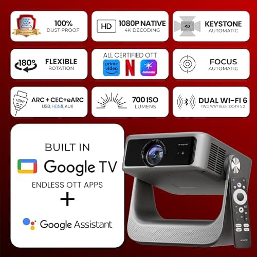 E Gate Zen 7X Official Google TV Projector | Fully Automatic & 100% Dust-Free | 700 ISO | Dolby Audio | Projector 4K Ultra HD, modulated at 1080p Native | Voice Remote, ChromeCast, 1GB-32GB, Egate 3
