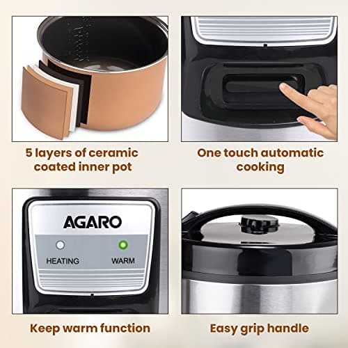 AGARO Regency Electric Rice Cooker, 5L Ceramic Coated Inner Bowl, Cooks up to 1.5Kgs (approx.10 cups) raw rice, 700 W, Easy Grip handle, Automatic Cooking, Keep Warm Function, Multipurpose Cooking 5