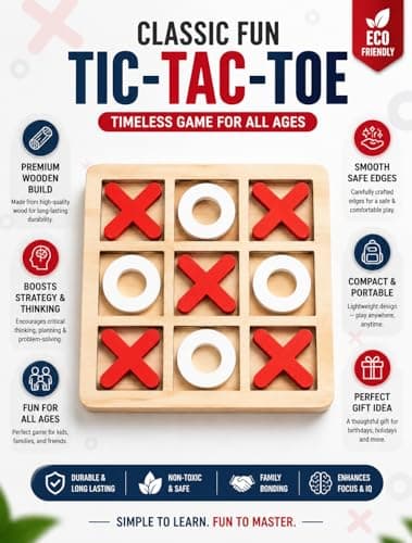 Wooden Tic Tac Toe Board Game (18x18cm) Classic XOXO Strategy Puzzle for Kids & Adults Portable Travel Size Brain Teaser Perfect Birthday & Festival Gift Item Random Color (1 Piece) 2