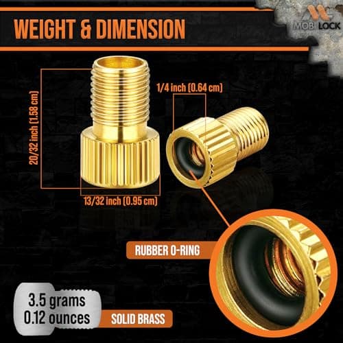 5 Pcs (+ 10 Caps) Brass Presta Valve Adapter - Convert Presta to Schrader/Auto for All Types of Bikes, e-Bikes and e-Scooters - Inflate Tire Using Standard Pump or Air Compressor - by Mobi Lock 5