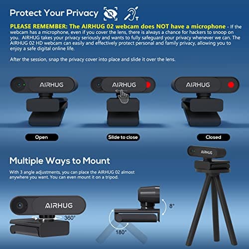 AIRHUG Webcam - Video Conferencing Streaming Recording - Plug & Play USB Web cam with Privacy Cover (2K Webcam No Mic) 2