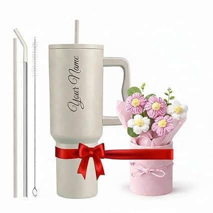 1200ml Steel Insulated Tumbler with Straw | Personalized Tumbler + Crochet Flower Bouquet Gift for Birthdays, Weddings, Anniversaries – Gift for Women, Men, and Girls (Cream+ Bouquet)