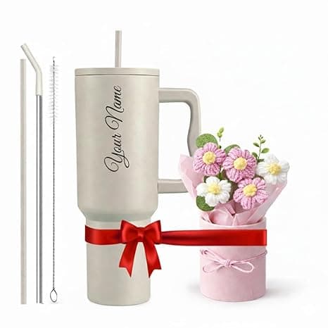 1200ml Steel Insulated Tumbler with Straw | Personalized Tumbler + Crochet Flower Bouquet Gift for Birthdays, Weddings, Anniversaries – Gift for Women, Men, and Girls (Cream+ Bouquet)