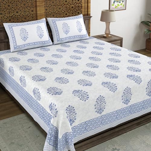 BLOCKS OF INDIA Hand Block Printed 200 TC Cotton King Size Bedsheet (Blue Pot)