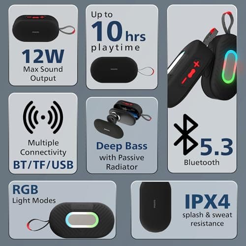 PHILIPS Audio TAS1400BK Wireless Bluetooth Speaker with Deep Bass, Passive Radiator, 12W Sound Output, 1200mAh Rechargable Battery, RGB Light Modes, 10H Playtime, Supports TF/USB/BT Modes (Black) 3