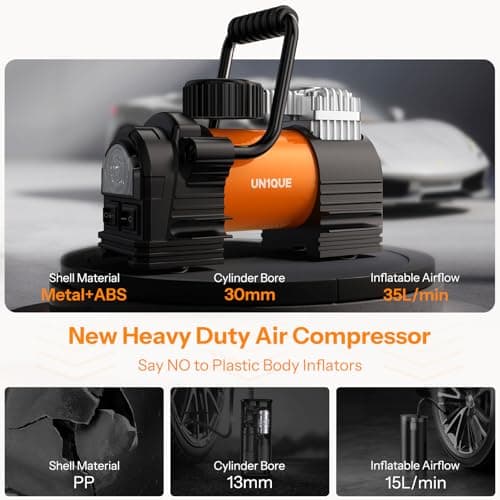 UN1QUE Heavy Duty Tyre Inflator for Car, 150PSI 12V DC Double Cylinders Tyre Air Pump with Digital Pressure Gauge, LED Light, Portable Air Compressor for Motorcycles, Bike, Ball 5