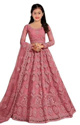KEYURA Girls Traditional Pink Lehenga Choli, Embroidered Net Fabric, Long Sleeve Ethnic Wear, Festival Wedding Party Dress (14-15 YEAR)