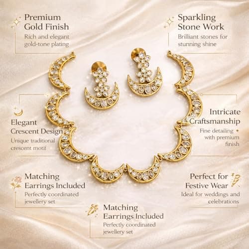 Visaga Aura Premium Traditional Kundan Crescent Moon Necklace Set for Women | Gold Plated White Stone Ethnic Jewellery with Matching Earrings | Indian Bridal Wedding Festive Statement Necklace 5