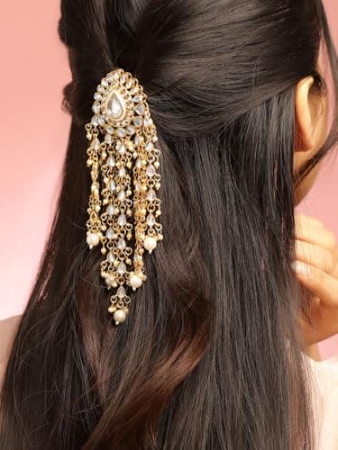 Rubans 18K Gold-Plated Kundan & Pearl Beads Studded Teardrop Motif Multilayer Hair Accessory for Women & Girls – Perfect for Bridal & Festive Looks 2