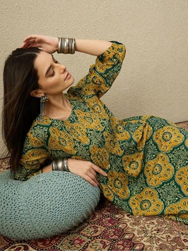 INDO ERA Women's Pure Cotton Printed Ethnic Motifs A-Line Kurta & Pant Set | Co Ord Set For Women Stylish 2