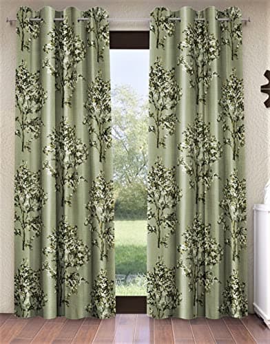 Fashion String 2 Pieces Floral Blossoms Eyelet Polyester Window Curtains - 5 Feet, Green