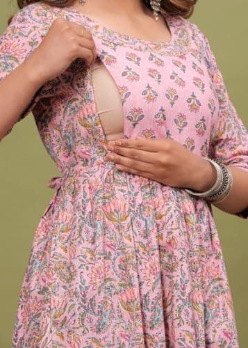 Fit and Flaired Cotton Printed I Maternity I Kurti I Kurta I Gown I Midi I Maxi I Feeding Kurti I for Women (L, Multi-Pink) 5