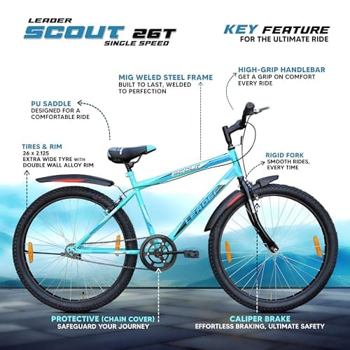 Leader Scout MTB 26T Bike Without Gear Single Speed for Men - SEA Green Black, Ideal for 10 + Years,Mountain Bike,Unisex,Rigid,18 inches 5
