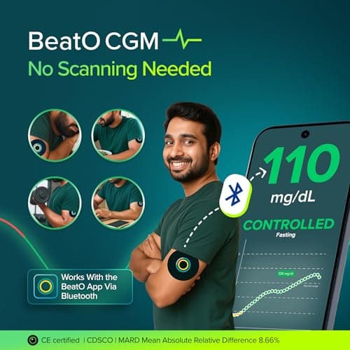 BeatO Combo: CURV Glucometer Machine (Android Type-C) + 15-Day CGM Continuous Glucose Monitor | Smart Sugar Test Machine for Home | Real-Time Blood Sugar Monitoring Device with Strips | Best Glucomete 4