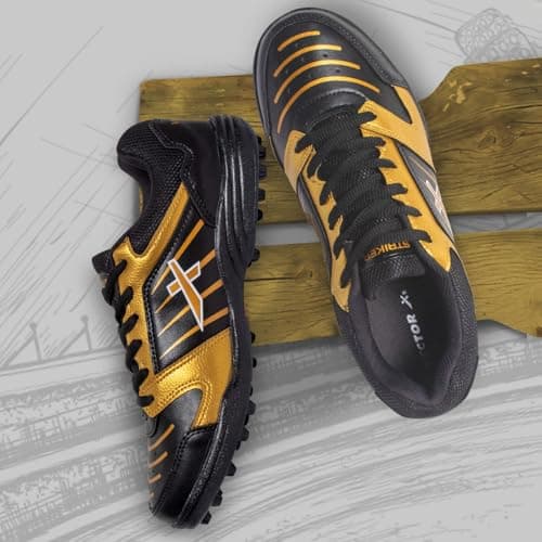 Vector X Striker Cricket Shoes Synthetic Leather Upper/PVC Sole Studs for Men Lace up Closure| Lightweight & Durable Footwear| Ideal for Turf, Ground & Hard Surfaces (Black-Gold, Size: 7) 4