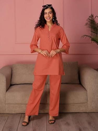 TITTLI Women Pure Cotton Co-Ord Set | Straight Tunic & Trouser Set | Mandarin Collar 3/4 Sleeve and elasticed Waistband Casual Two Piece Outfit | M | L | XL | XXL Peach 2