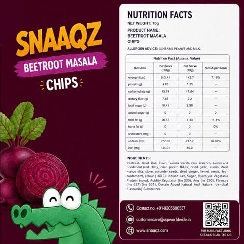 Snaaqz Beetroot Chips Tadka Masala | Crunchy Vegetable Chips | Palm Oil Free | Vegan Gluten Free | Healthy Snack for Kids & Adults | 70g Pack of 2 2