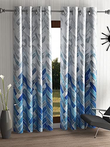 Home Sizzler 2 Pieces Geometrical Panel Eyelet Polyester Long Door Curtains - 8 Feet, Blue