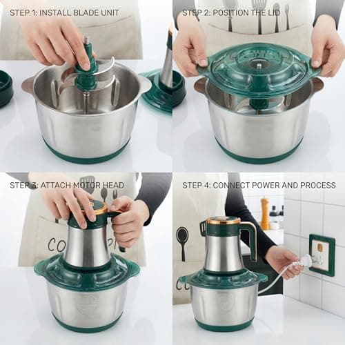 3L Electric Food Chopper & Meat Grinder - 500W Stainless Steel Food Processor with Quad-Blade System - SS304 Mixing Bowl for Meat, Veggies & Purees - Green/Rose Gold 4