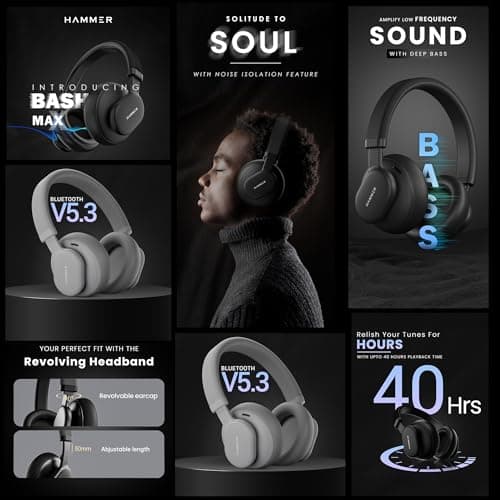 HAMMER Bash Max Over The Ear Wireless Bluetooth Headphones with Mic, Touch Control, Deep Bass, Upto 40 Hours Playtime, Bluetooth 5.3, Workout/Travel (Cool Grey) 2