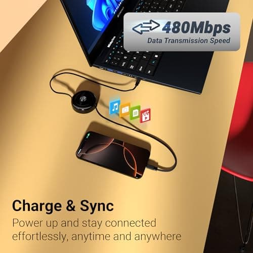 Zebronics Type C - Type C Retractable Cable, 60 Watts, Upto 480Mbps Data Sync, Fast Charging, 1 M, Compatible with iPhone 15 & 16 Series, iPad, MacBook, Samsung, Android (Wattz 60RCC1, Black) 4