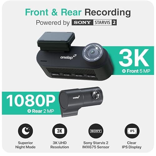 Onelap Vidsure™ 2 (2026 New Launch Front + Rear) - 3K UHD Dashcam for Car | Real STARVIS 2 IMX675 (Super Night Vision) | 5MP 3K UHD Front | 2MP 1080p FHD Rear | 3.2" LCD | 5.8Ghz WiFi | HDR 2