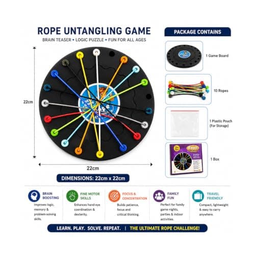 Rope Untangling Game for Kids & Adults | 10 Rope Challenge Brain Teaser Puzzle | Educational STEM Learning Game | Interactive Family Puzzle Game | Portable Travel IQ Toy | Ages 3+ 3