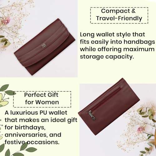 Rich Born Vegan PU Leather Dual Line Flap Wallet for Women | Ladies Tri-Fold Clutch Purse with Zip Coin Pocket, Card Holder, Cash Compartment | Stylish Long Travel Wallet for Girls (Maroon) 4