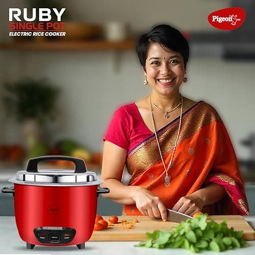 Pigeon by Stovekraft Ruby Rice Cooker with Single pot, 1.8 litres.(Red) | Stainless Steel Lid | 700 Watts | 1 Aluminium Cooking Pot | Measuring Cup| Spatula | Energy Efficient Cooking 2